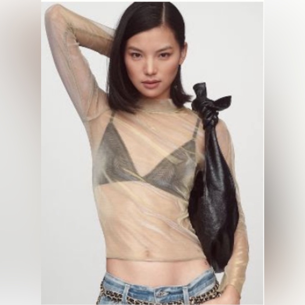 By Anthropologie Long-Sleeve Sheer Shimmer Turtleneck Top- XS